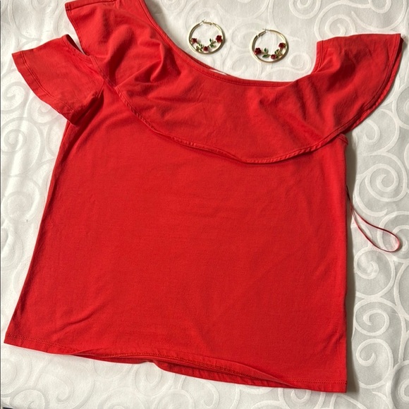 J. Crew Red Ruffled Asymmetrical Blouse - Picture 1 of 5